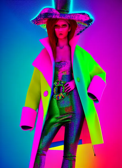 Image similar to coat for a rave, bright colors, many details, prints, photo for a magazine, photo for a store, fashion photography, Vogue, 135 mm, cinematic, hyper realism, high detail, octane render, 8k, chrome accents