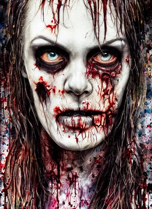 Prompt: zombie hollywood professional acting headshot, hyperrealism, intricate detailed, studio lighting, charming expression gesicht, hauntingly beautiful zombie, watercolor art, drawn and painted, colored layers, dulled contrast, exquisite fine art, splatterpaint