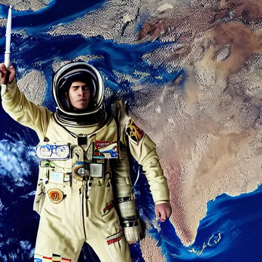 Image similar to kurdish astronaut holding a kurdistan flag in a movie directed by christopher nolan, movie still frame, promotional image, imax 7 0 mm footage