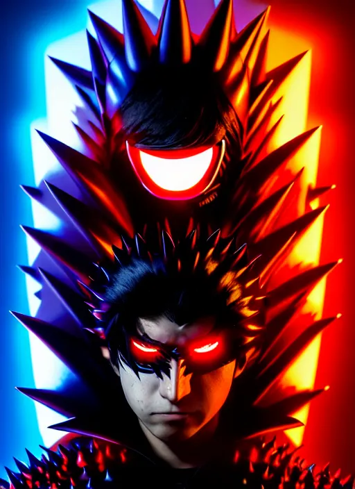 Image similar to a striking cinematic full body manga portrait of a long black haired masked male teenager wearing imposing red jagged spiked plate armour and glowing with raging powerful red energy by hirohiko araki and beeple, fine details, digital art, character concept art, volumetric lighting, cinematic light, photorealistic