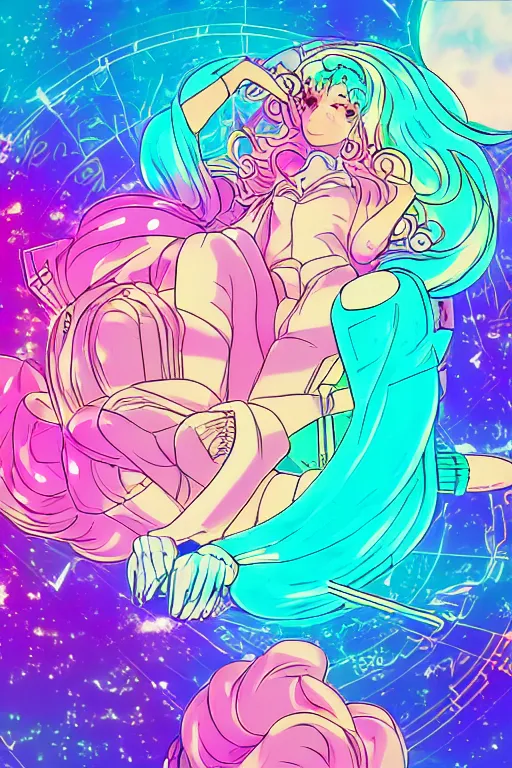 Prompt: retro vaporwave pastelpunk celestialcore gradient synth wave cloud ripple wireframe visualizer, sailormoon manga illustration