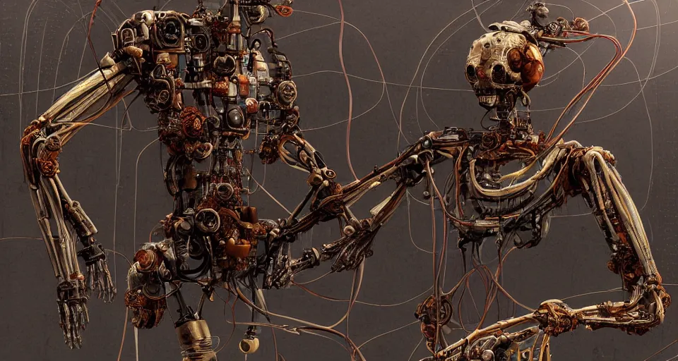 Image similar to Techno-biological rusty robot geisha consisting of veins, bones, kidneys, wires. Biopunk, body armor, high detail, photorealism, full length view, concept art, Dan Mumford, Quixel Megascans, octane render, 16k, 8k