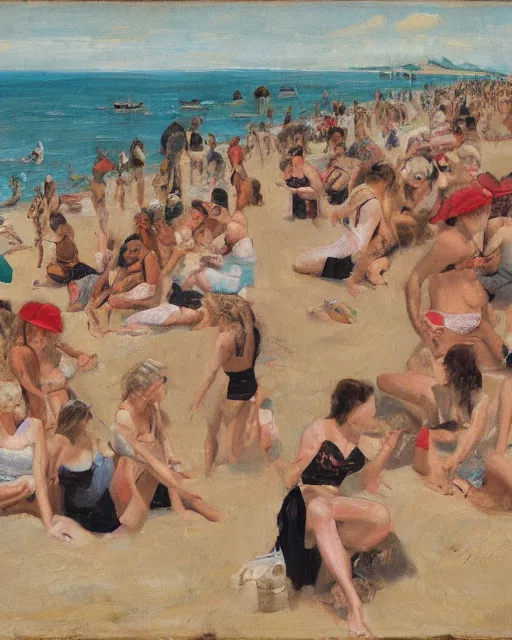 Image similar to a crowd of blonde women, beach