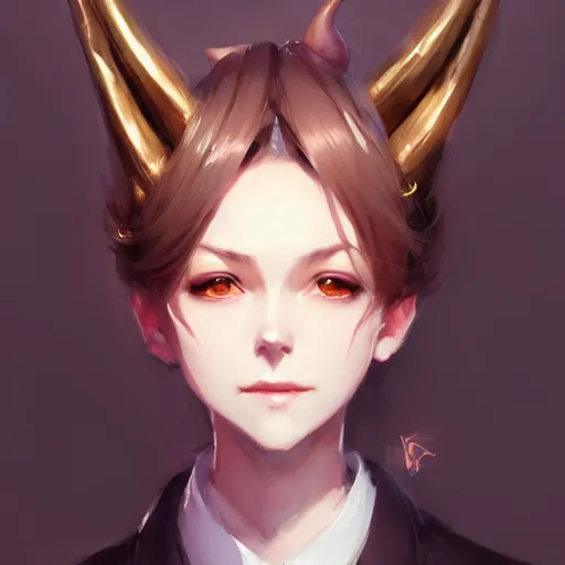 Image similar to character design portrait of a beatiful anthropomorphic furry dragon girl with dragon horns, wearing a suits, looking at the camera, 4 k, concept art, by wlop, wenjun lin, watercolor, ilya kuvshinov, artgerm, krenz cushart, pixiv.