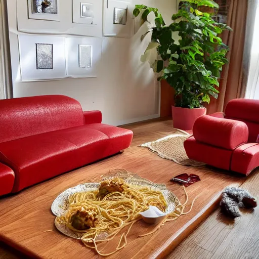 Image similar to spaghetti and meatballs shaped into a living room set