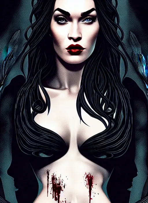 Image similar to megan fox witch queen, black eyes, blood, full body, intricate victorian dress, middle shot, cinematic lighting, symmetrical eyes, caravaggio, joshua middleton, rafael albuquerque, charlie bowater, moody lighting, candles