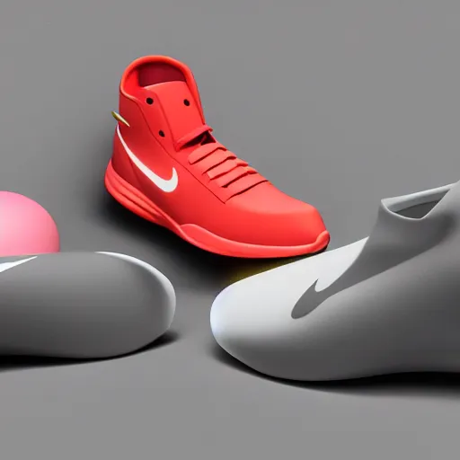 Prompt: sneaker design by Nike and apple showcase render futuristic colourful plastic photorealistic photography model image editorial