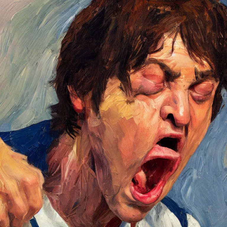 Prompt: warmly lit close up studio portrait of young angry! screaming Paul McCartney in 1965 furious!, impasto oil painting thick brushstrokes by Lucian Freud and Cy Twombly and Tim Hawkinson , trending on artstation dramatic lighting Expressionism