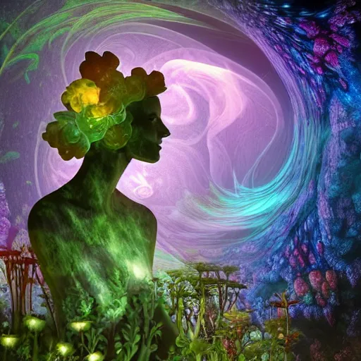 Image similar to glowing delicate flower and mushrooms that grow in a dark fatansy forest on the planet Pandora, an idealistic marble statue with fractal flowery hair in a fractal garden, - W 704