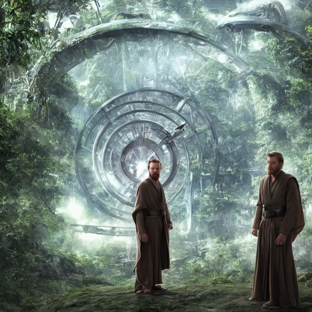 Prompt: obi wan kenobi stands in front of a stargate, alien jungle in the background