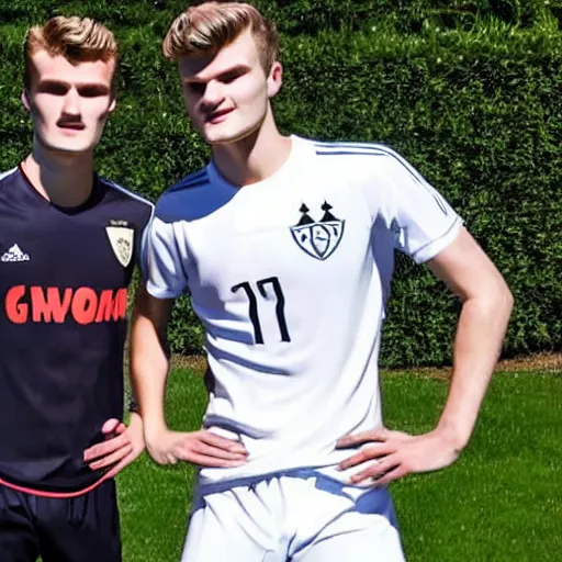 Prompt: a realistic detailed photo of a guy who is an attractive humanoid who is half robot and half humanoid, who is a male android, soccer players martin ødegaard & timo werner, shiny skin, posing like a statue, blank stare, by the pool, on display, showing off his muscles, gold soccer shorts, no jersey, statue, many copies of them