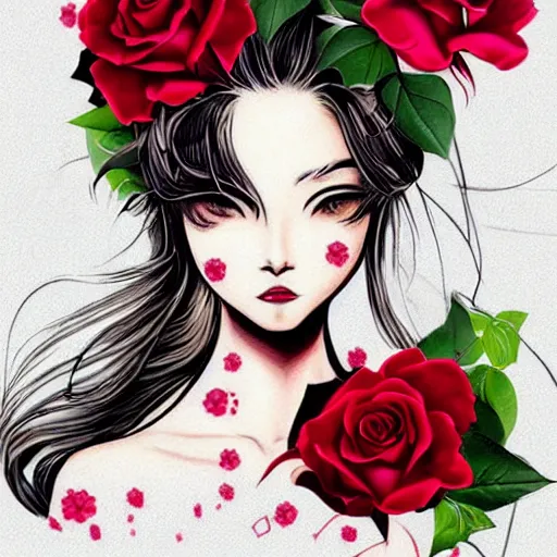 Image similar to tattoo design, stencil, beautiful japanese girls face, roses and ivy surrounding by artgerm, artgerm, cat girl, anime