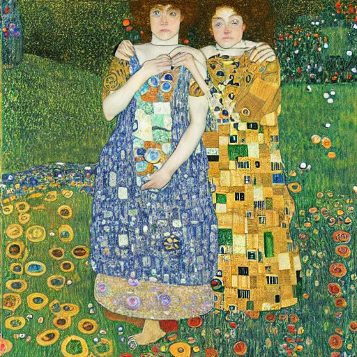 Image similar to a portrait of two beautiful sisters in a scenic environment by gustav klimt