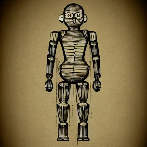 Image similar to technical drawing of ancient womanized humanoid robot, symmetrical, anatomically correct, old historical photo, ancient paper, photorealistic