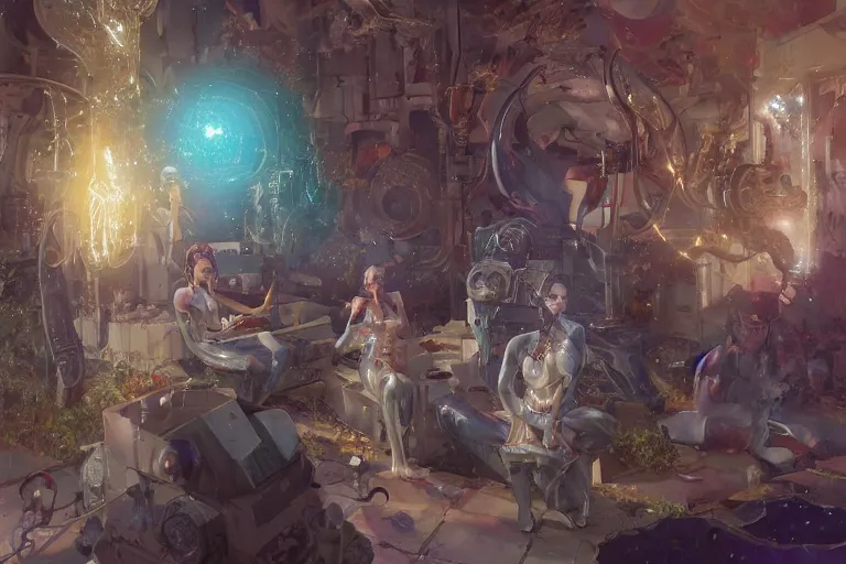 Image similar to sparkly machines listen symbolically in the tar house, by artgerm and Craig Mullins, James Jean, Andrey Ryabovichev, Mark Simonetti and Peter Morbacher 16k