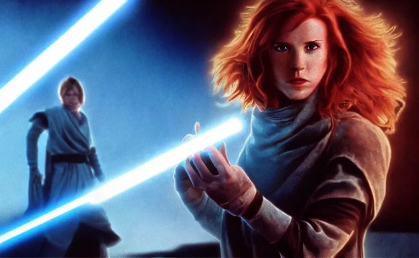 Image similar to screenshot of Jedi Mara Jade, played by Julian Moore, holding a blue lightsaber in right hand, iconic scene from 1980s film by Stanley Kubrick, 4k, windy hair, cinematic still frame, surreal sci fi set design, photoreal, detailed face, moody storm lighting, stunning cinematography, hyper detailed, sharp, anamorphic lenses, kodak color film stock