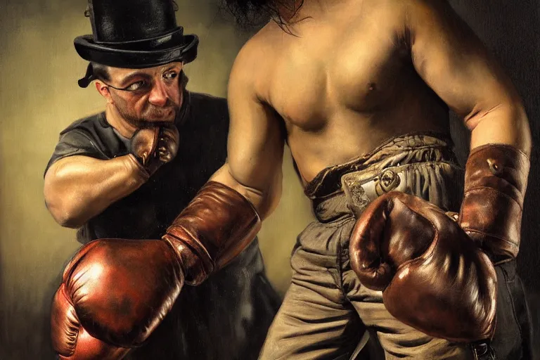 Image similar to portrait, realistic painting image about a steampunk boxer with electric boxing gloves, versus a humanoid pig. dramatic scene, horror, dramatic lighting realism, created by gustave courbet and michaelangelo, trending in artstation, fine art, smooth draw with oil painting.