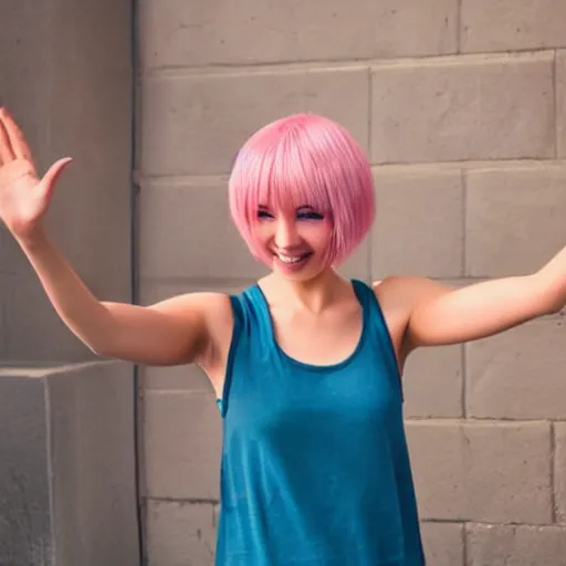 Prompt: anime woman with short pink hair in a bob style, light brown eyes, blue tank top, black pants, waving and smiling