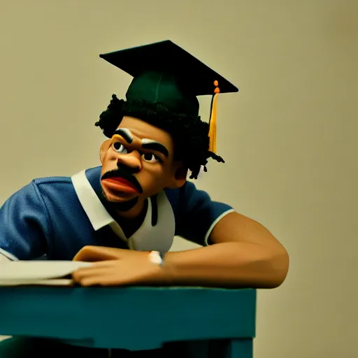 Image similar to a cinematic film still of a claymation stop motion film starring chance the rapper as a college student, shallow depth of field, 8 0 mm, f 1. 8