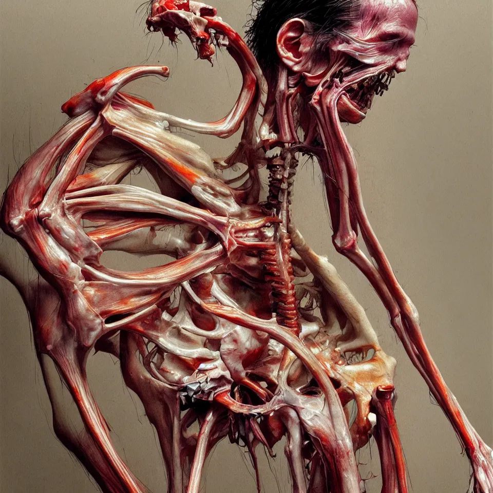 Image similar to bright realistic anorexic man ribs boney puking, appartment, rotten flesh, diffuse lighting, fantasy, intricate, elegant, highly detailed, lifelike, photorealistic, digital painting, artstation, illustration, concept art, smooth, sharp focus, art by francis bacon and jenny saville