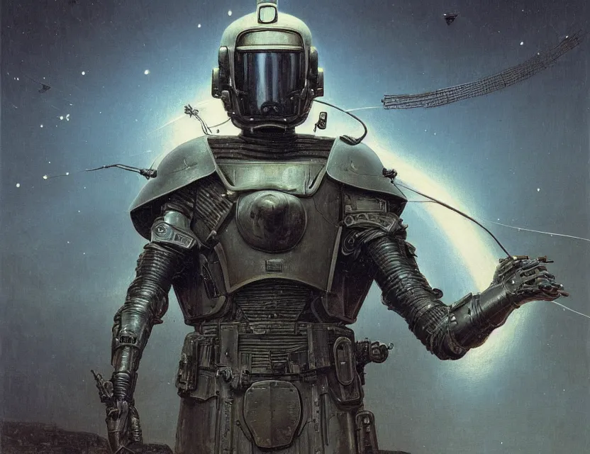 Image similar to a detailed portrait painting of a bounty hunter in combat armour and visor. cinematic sci-fi poster. Flight suit and wires, accurate anatomy. Samurai influence, fencing armour. portrait symmetrical and science fiction theme with lightning, aurora lighting. clouds and stars. Futurism by beksinski carl spitzweg moebius and tuomas korpi. baroque elements. baroque element. intricate artwork by caravaggio. Oil painting. Trending on artstation. 8k