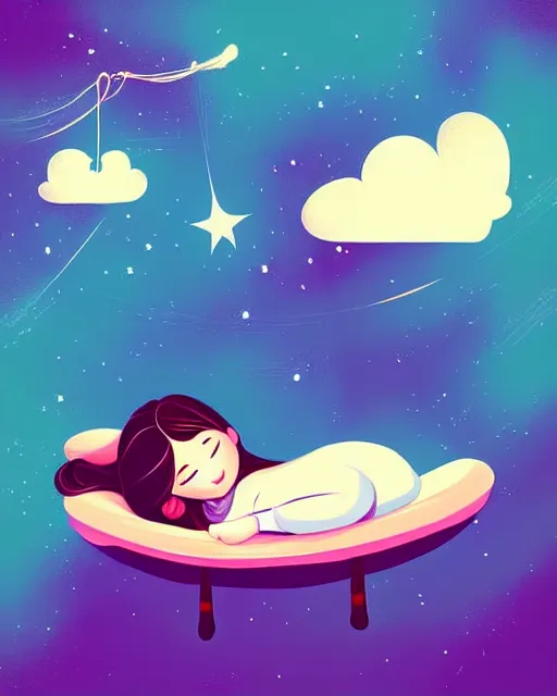 Image similar to beautiful painting of little girl sleeping on her flying bed, art by petros afshar, sky night, illustration, highly detailed, simple, smooth and clean vector curves, no jagged lines, vector art, smooth, artstation