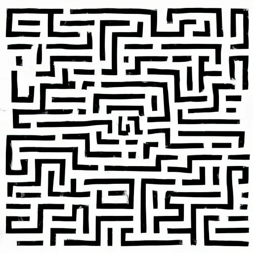 Prompt: Draw a complex labyrinth with a complete path from entry to exit