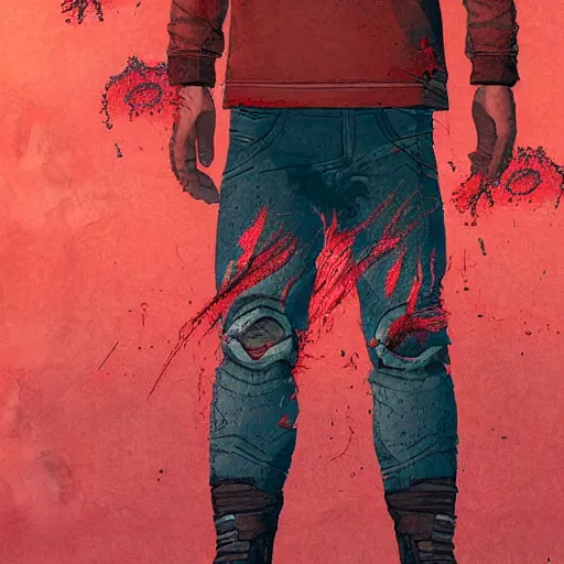 Prompt: detailed half body digital art for a game of a person wearing ragged and ruined clothes merged with mushrooms. the background is pure red. dramatic camera angle