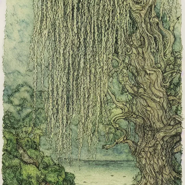 Prompt: a detailed, intricate watercolor and ink illustration with fine lines, of a mossy willow tree by a river, by arthur rackham and edmund dulac and ted nutall