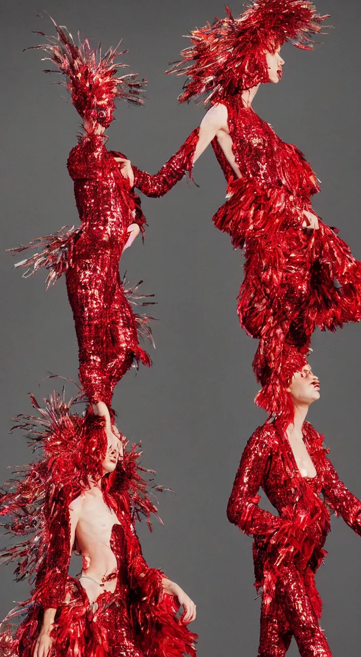 Image similar to photo from a fashion shoot, a female fashion character design wearing a red sequined bodysuit, alexander mcqueen headdress, costume by eiko ishioka, haute couture, steven outram, colorful and psychedelic