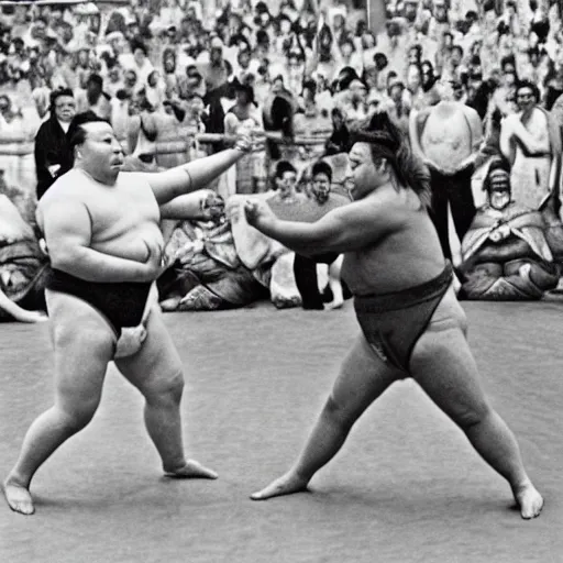 Prompt: a dramatic photograph from a magazine article on L Ron Hubbard's sumo wrestling carrier