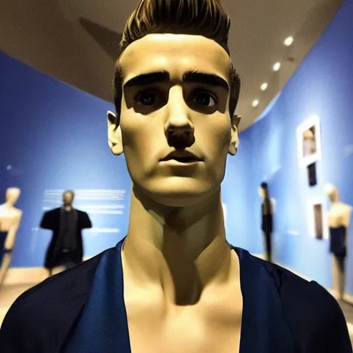 Image similar to “ a realistic detailed photo of a guy who is an attractive humanoid who is half robot and half humanoid, who is a male android, soccer player antoine griezmann, shiny skin, posing like a statue, blank stare, at the museum, on display ”