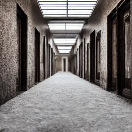 Image similar to long hallway with dirt on the ground and random doors and blue lights 4k, hd, photorealistic