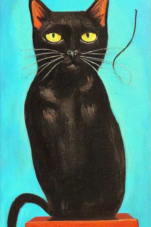 Prompt: oil painting, art by rosina wachtmeister, black cat using black vintage telephone, golden background