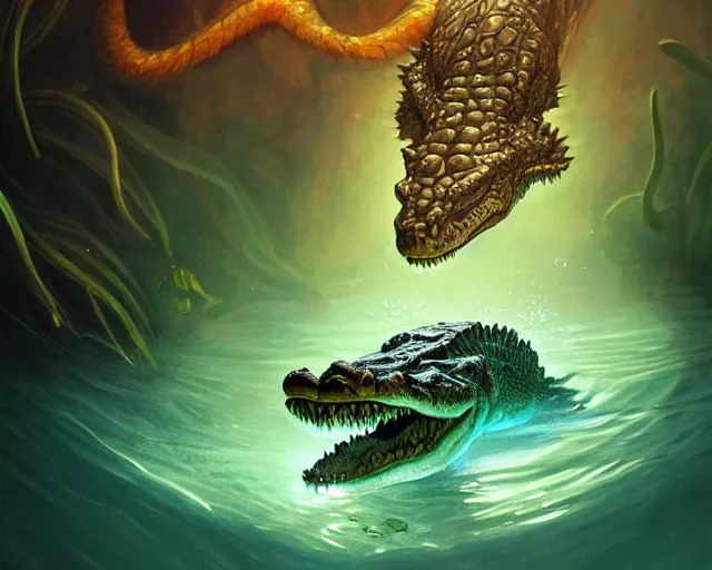 Image similar to a crocodile underwater discovering a glowing key on the bottom of a lake, deep focus, d & d, fantasy, intricate, elegant, highly detailed, digital painting, artstation, concept art, matte, sharp focus, illustration, hearthstone, art by artgerm and greg rutkowski and alphonse mucha