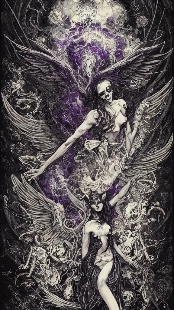 Image similar to dark aether, angel cannabis wings, skulls, dark THC atmosphere, detailed linework, black blue purple and white trychomes, cinematic, psychedelic, black hemp paper, ornate, symmetrical, tarot card, highly detailed, ink illustration, style of peter mohrbacher, golden ratio, 8k