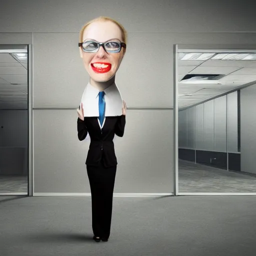 Image similar to A businesswoman with a CRT monitor as a head, inside a dark abandoned office
