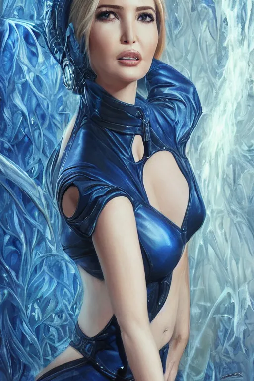 Image similar to Ivanka trump as a heroine in blue leather, intricate, elegant, highly detailed, centered, digital painting, artstation, concept art, smooth, sharp focus, illustration, art by artgerm and donato giancola and Joseph Christian Leyendecker, Ross Tran, WLOP, smoking crack in a crack pipe