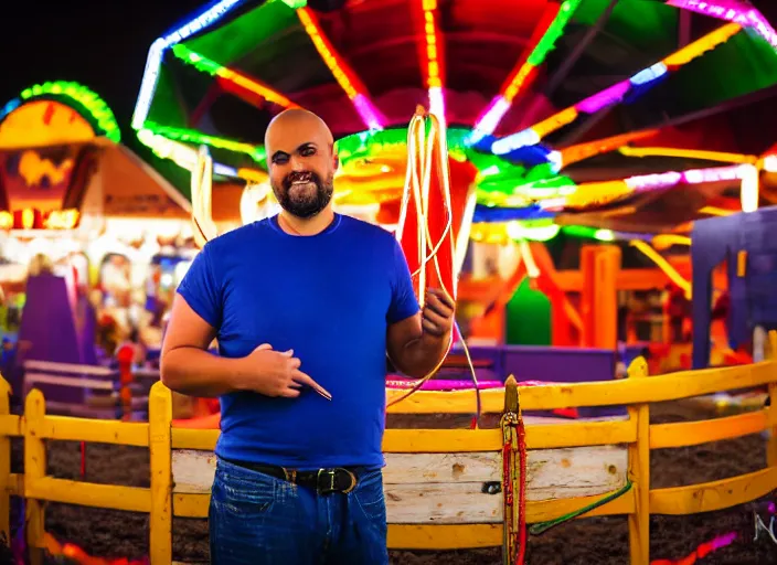 Image similar to photo still of sinbad at the county fair!!!!!!!! at age 3 6 years old 3 6 years of age!!!!!!!! playing ring toss, 8 k, 8 5 mm f 1. 8, studio lighting, rim light, right side key light