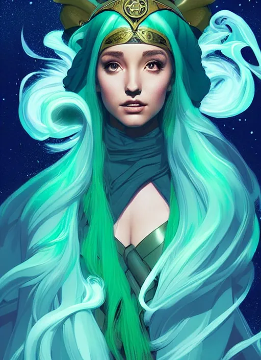 Prompt: style artgerm, joshua middleton, illustration, ariana grande as a high priestess wearing green pelt light armor, blue hair, swirling water cosmos, fantasy, dnd, cinematic lighting