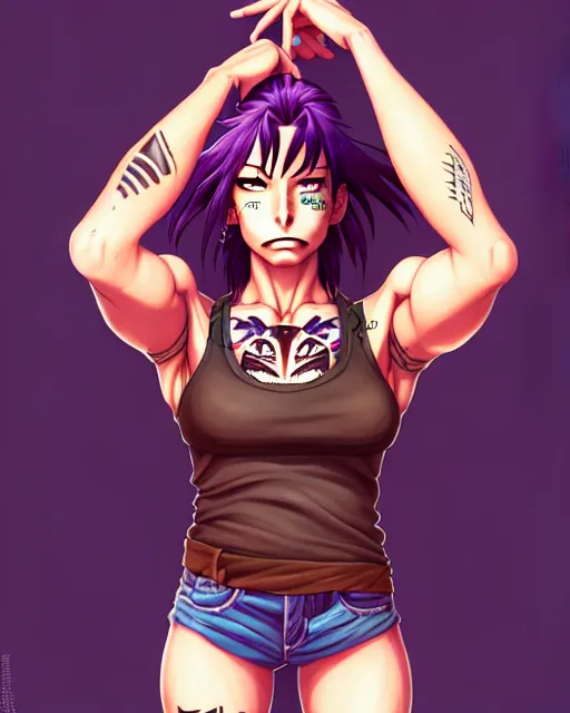 Image similar to a portrait of revy from black lagoon, black tank top, jean shorts, brown eyes, purple hair, tribal tattoos right arm sleeve, symmetrical eyes, symmetrical face, art by lois van baarle and loish and ross tran and rossdraws and sam yang and artgerm