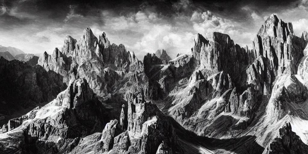 Image similar to who reigns over the dolomites, alpine, detailed intricate insanely detailed octane render, 8k artistic 1920s photography, photorealistic, black and white, chiaroscuro, hd, by David Cronenberg, Raphael, Caravaggio