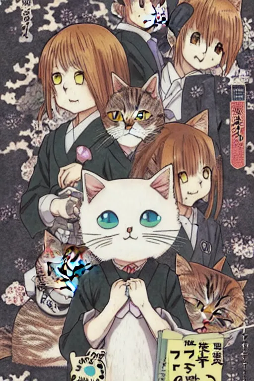 Prompt: a cover of japanese manga about a cute cat find the owner in apocalypse cruel world, high detail, anime cover, illustrated