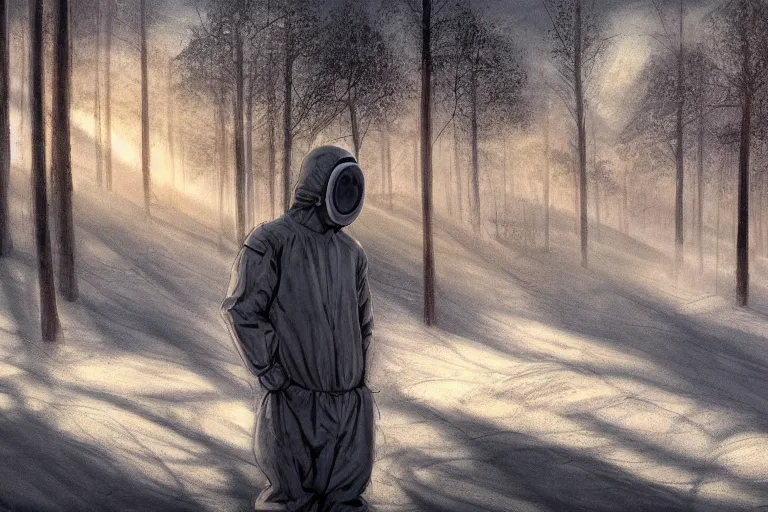 Image similar to ryan church jon mccoy concept art mood painting man wearing grey hazmat suit gp - 5 gas mask sitting against concreate wall snow covered field watching the beautiful winter sunrise burning ruins in background forest