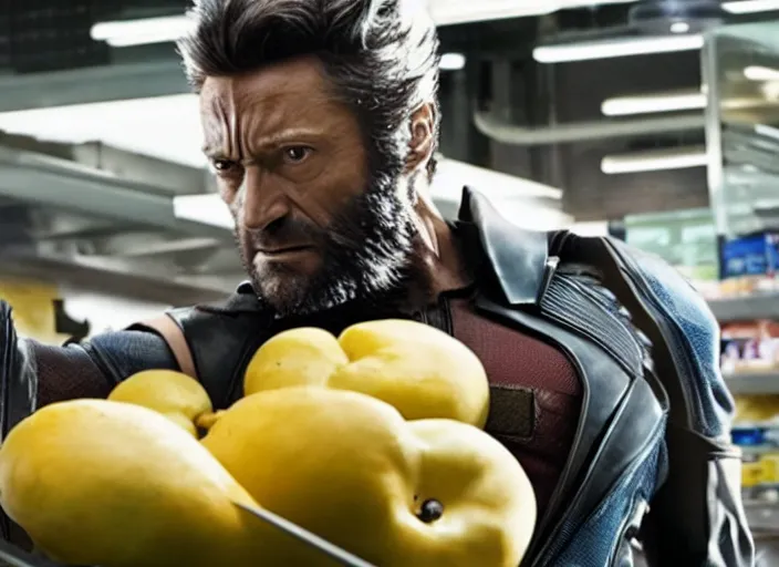 Image similar to film still of Wolverine going grocery shopping in the new X-Men movie, 4k