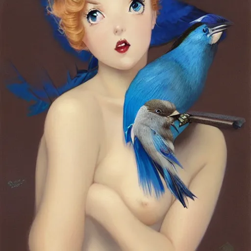 Image similar to anime pinup girl holding an indigo bunting, bird, the bird is wearing a bowtie, by greg rutkowski, rossdraws, gil elvgren, enoch bolles, anime, porcelain skin, very coherent