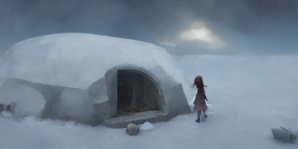 Image similar to young girl back to us in front of an igloo in the tundra,, mysterious matte painting by ruan jia and craig mullins, trending on artstation