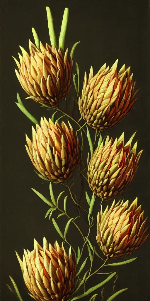 Image similar to detailed king proteas and pincushions against a black backdrop by martin johnson heade, artstation