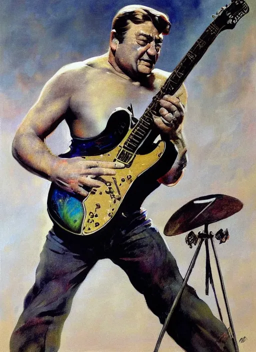 Prompt: john goodman shredding on an electric guitar, painting by frank frazetta, 8 k, clean