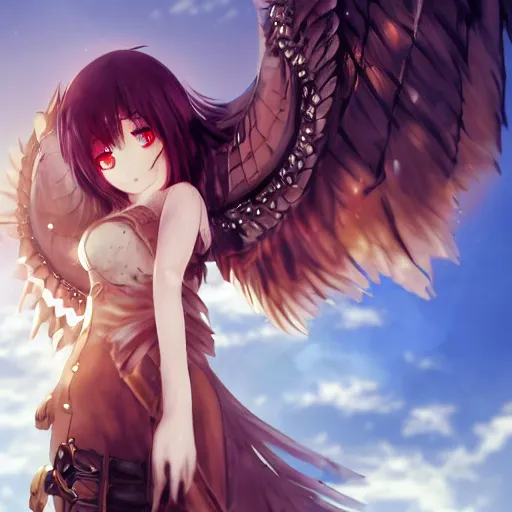 Image similar to anime girl with copper steampunk wings winking, extremely detailed, cinematic lighting, portrait, beautiful, sky,